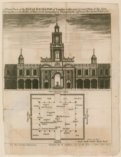 Een vooraanzicht van de Royal Exchange van Londen met een nieuwe en exacte plattegrond van hetzelfde door English School