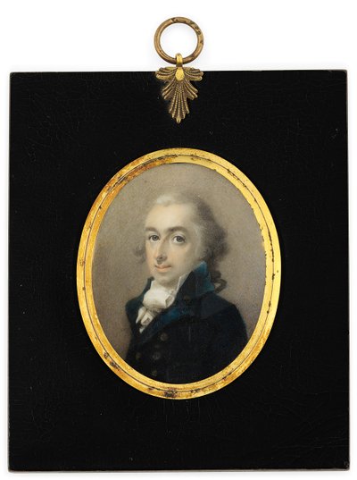 Een heer genaamd Pryce Edwards in blauwe jas, witte das en gepoederde pruik door English School