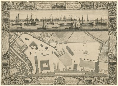 Een geometrisch plan en noordoostelijke elevatie van de scheepswerf van Zijne Majesteit in Deptford met een deel van de stad door English School