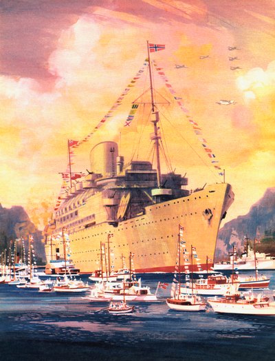 Een groot moment in de geschiedenis van de Royal Mail Line, de Andes arriveert in Oslo in 1945 door English School
