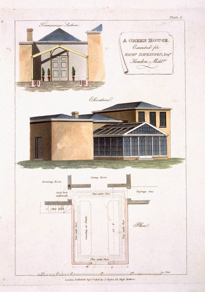 Een kas met gotische details bevestigd aan een neoklassiek huis voor Richard Dickinson Esq in Hendon, Middlesex, 1806 door English School