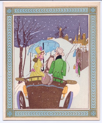 Een Handgekleurde Franse Pochoir Kerstkaart van een Rencecy Koppel in een Open Koets die door de Sneeuw Rijdt, ca. 1920 door English School