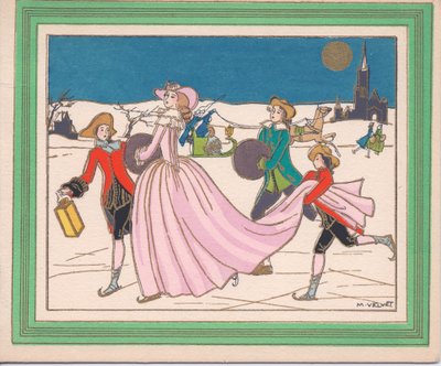 Een met de hand gekleurde Franse Pochoir kerstkaart van een dame in een vloeiende roze jurk die schaatst met bedienden die een lantaarn en haar sleep vasthouden, circa 1920 door English School