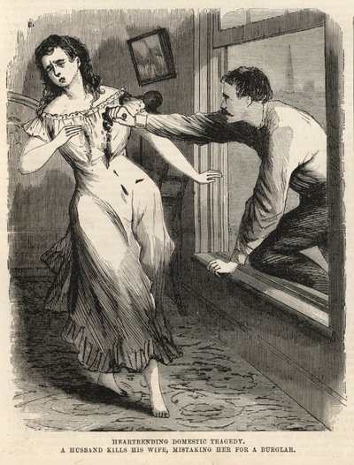 Een man doodt zijn vrouw omdat hij haar voor een inbreker aanziet (gravure) door English School