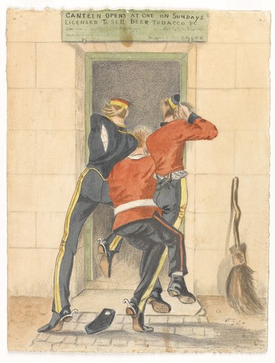 Een Huzaar, een Infanterist en een Dragonder, allen in Ongeklede Uniform, die Strijden voor de Ingang van een Kantine, ca. 1890 door English School