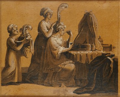 Een dame aan haar kaptafel door English School
