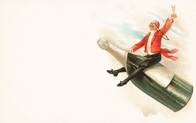 Een man die op de hals van een champagnefles rijdt door English School