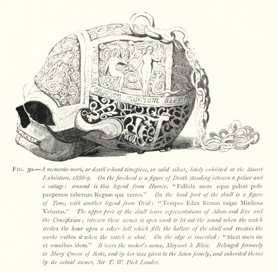 Een memento mori, of doodshoofdklok, in massief zilver, onlangs tentoongesteld op de Stuart Tentoonstelling door English School