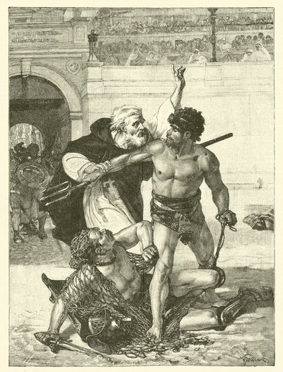 Een monnik, Telemachus, probeert de gladiatorenspelen in het Colosseum, Rome te stoppen (gravure) door English School