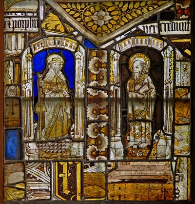 Een paneel in het oostelijke raam met Sint Jacobus en Sint Paulus met de Gromwell-wiet erboven door English School