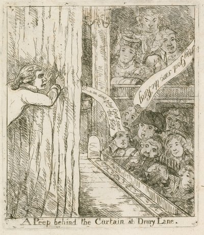 Een kijkje achter het gordijn bij Drury Lane; cartoon door English School