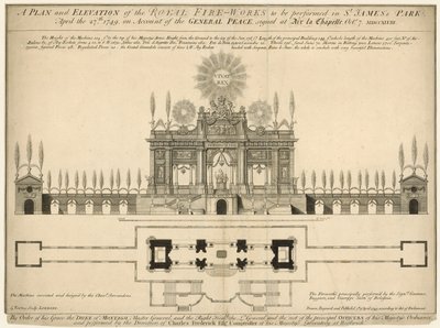 Een plan en elevatie van het Koninklijk Vuurwerk uitgevoerd in St James