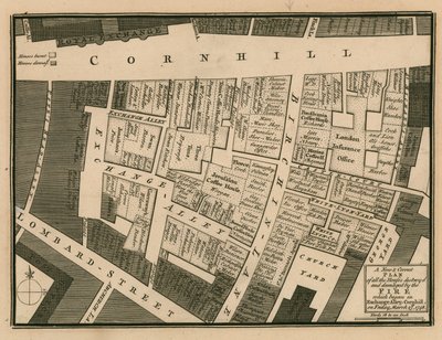 Een plan van huizen vernietigd in de brand die begon in Exchange Alley, Cornhill, Londen, op 25 maart 1748 door English School