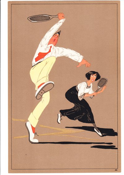 Een prent van twee tennisspelers in komische en humoristische houdingen, c.1920 door English School