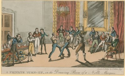 Een privégevecht in de salon van een edele markies (gekleurde gravure) door English School