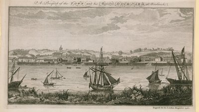 Een uitzicht op de stad en de scheepswerf van Zijne Majesteit in Woolwich door English School
