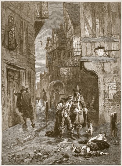 Een straat in Londen tijdens de Grote Plaag, illustratie uit Cassells Illustrated History of England door English School