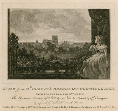 Een uitzicht vanuit de ontbijtkamer van Mr. Cosway, Pall Mall, met het portret van Mrs. Cosway door English School