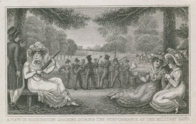 Een uitzicht in Kensington Gardens, Londen, tijdens het optreden van de militaire band door English School