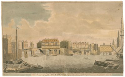 Een uitzicht op de oude London Bridge voor wijzigingen, zoals in 1757 door English School