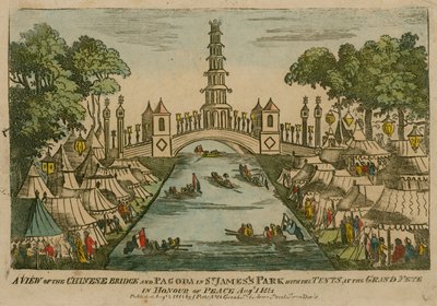 Een uitzicht op de Chinese Brug en Pagode in St Jamess Park met de tenten op het Grote Feest ter Ere van de Vrede, 1 augustus 1814 door English School