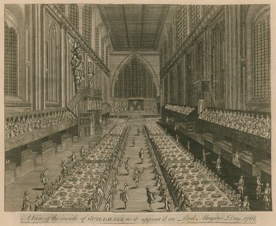 Een uitzicht op de Guildhall, Londen, zoals het verscheen op Lord Mayors Day, 1761 door English School