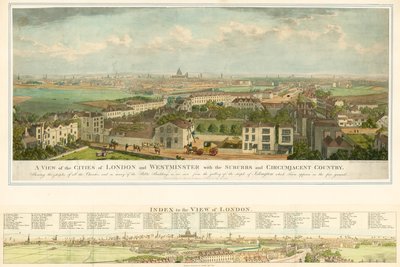 Een uitzicht op de steden Londen en Westminster met de buitenwijken en omliggende land door English School