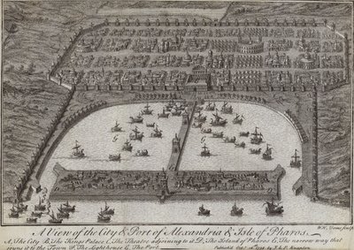 Een uitzicht op de stad en haven van Alexandrië en het eiland Pharos, Egypte, 1738 door English School