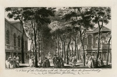 Een uitzicht op het orkest met de band, de Grand Walk enz. in Marylebone Gardens door English School