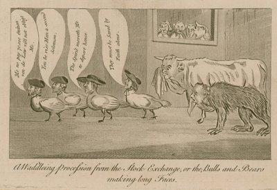 Een waggelende processie van de Beurs, of de stieren en beren trekken lange gezichten door English School
