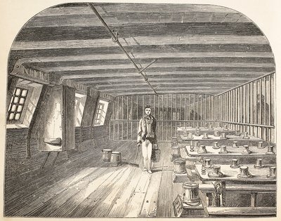 Een afdeling aan boord van de Defence hulk ingericht voor de terugkeer van de gevangenen voor het diner, illustratie uit The Criminal Prisons of London and Scenes from Prison Life door Henry Mayhew en John Binny, uitgegeven 1862 door English School