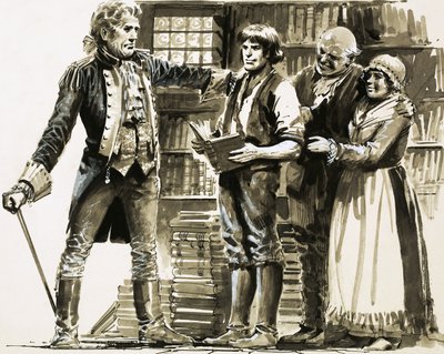 Een rijke buurman ziet Samuel Johnson werken in een boekwinkel door English School