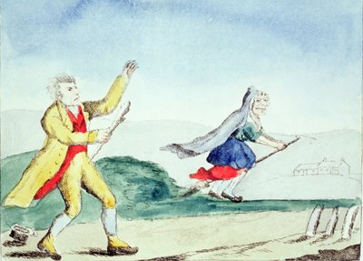 Een heks jaagt een man angst aan met een knuppel, c.1790s door English School