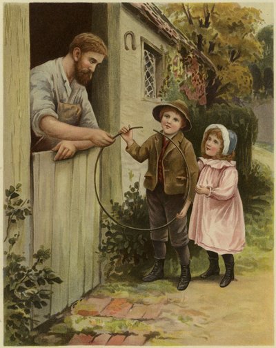 Een jonge jongen en een jong meisje geven een gebroken hoepel aan een smid voor reparatie door English School