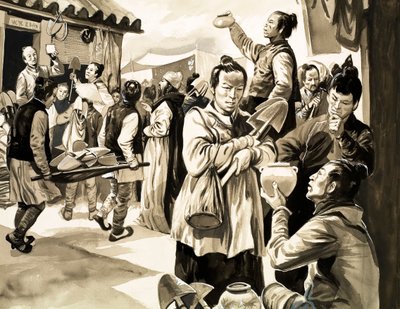 Ongeveer duizend jaar geleden in China onderhandelden klanten met kooplieden over goederen en betaalden met schoppen door English School