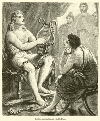 Achilles vermaakt zich met zijn harp (gravure) door English School