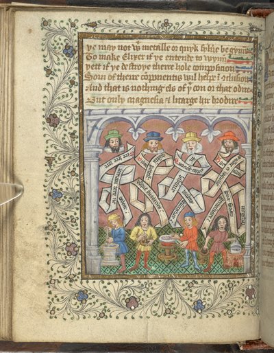 De alchemisten Geber (800 of 900 AD), Arnold van Villanova, Rhasis en Hermes Trismegistus, uit 