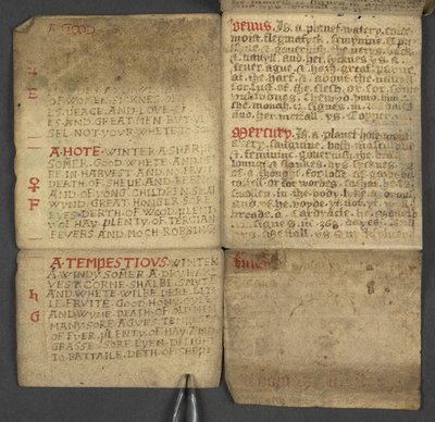 Add. 17367, f.10r uit Almanak, met tabel van dominicale letters en gouden getallen; aanwijzingen om de beweegbare feesten te vinden; kalender van Heiligen, tijdperken, lijst van Engelse Soevereinen, weersvoorspellingen, invloed van de tekens van de dierenr door English School