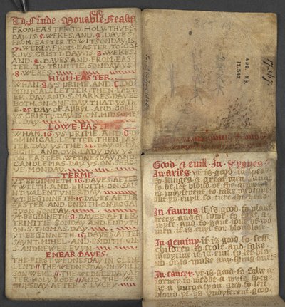 Uit almanak, met tabel van dominicale letters en gouden nummers; aanwijzingen om de beweegbare feesten te vinden; kalender van heiligen, tijdperken, lijst van Engelse vorsten, weersvoorspellingen, invloed van de tekens van de dierenriem door English School