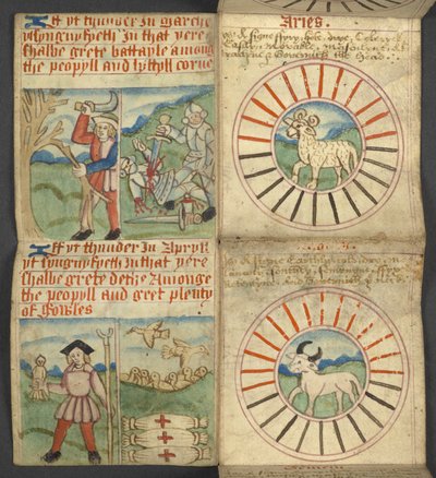 Add. 17367, f.4r Aries & Taurus, uit Almanak, met tabel van dominicale letters en gouden getallen; aanwijzingen om de beweegbare feesten te vinden; kalender van Heiligen, tijdperken, lijst van Engelse Soevereinen, weersvoorspellingen, invloed van de tekens door English School