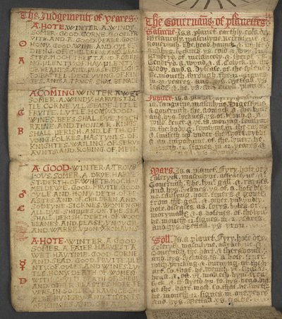 Add. 17367, f.9r uit Almanak, met tabel van dominicale letters en gouden getallen; aanwijzingen om de beweegbare feesten te vinden; kalender van Heiligen, tijdperken, lijst van Engelse Soevereinen, weersvoorspellingen, invloed van de tekens van de dierenri door English School