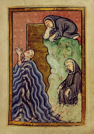 St. Cuthbert die in de zee bidt, geobserveerd door een monnik, en zijn voeten gedroogd door zeeotters, uit 