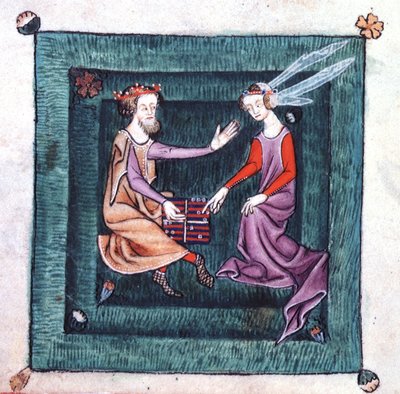 Een Koning en Dame zittend in een tuin, een bordspel spelend dat lijkt op backgammon, uit de Luttrell Psalter, begonnen voor 1340 voor Sir Geoffrey Luttrell door English School
