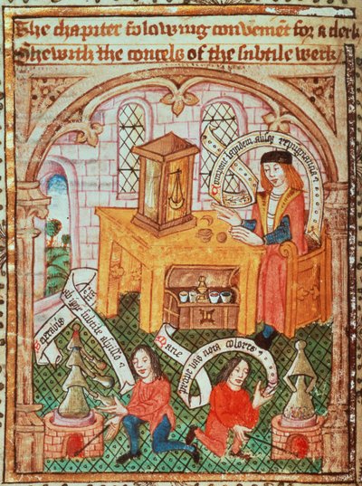 Alchemiemeester bereidt ingrediënten voor, uit 
