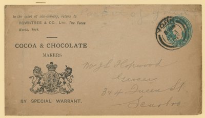 Adreslabel van Rowntree & Co, The Cocoa Works, York door English School