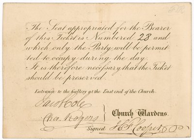 Toegangskaart tot St Margarets Vestry Gallery, voor de kroning van koningin Victoria, 28 juni 1838, achterzijde door English School