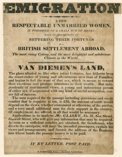 Advertentie betreffende de emigratie van jonge vrouwen naar Van Diemens Land door English School