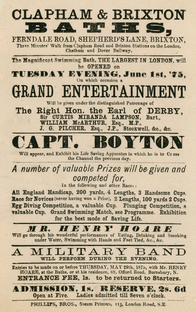 Advertentie voor Clapham en Brixton Baths, Ferndale Road, Shepherds Lane, Brixton, Londen; met Captain Boyton door English School