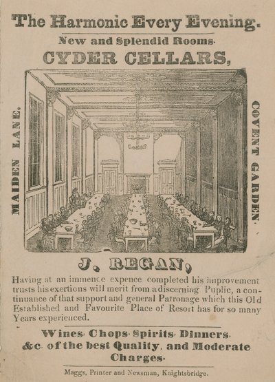 Advertentie voor Cyder Cellars, Maiden Lane, Covent Garden door English School