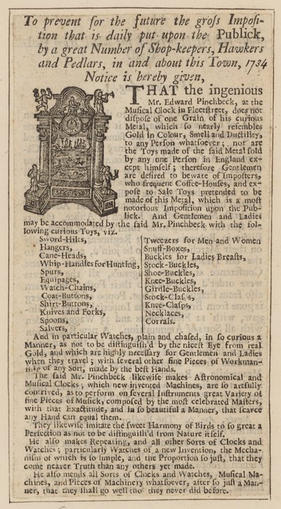Advertentie voor Edward Pinchbeck, Muzikale Klok, Fleet Street, Londen, vanaf 1734 door English School